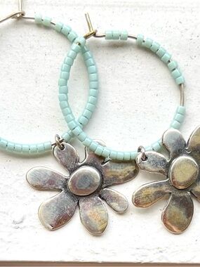 Sterling Silver Flower Hoop Earrings with Mint Beads - Women Jewelry